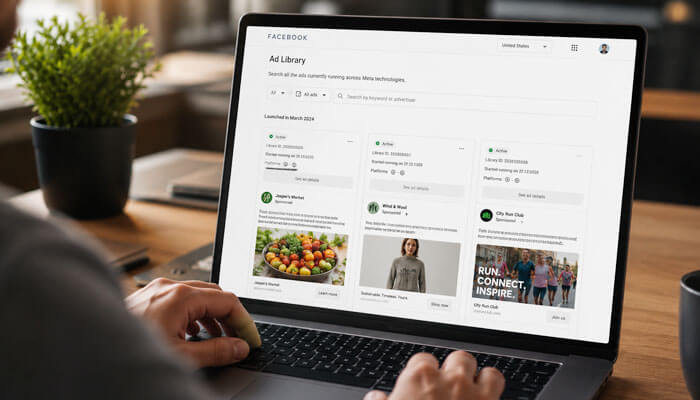 How to analyze competitor ads like a pro - tycoonstory | tycoonstory media User browsing facebook ads library on laptop, viewing active ad campaigns, images, and descriptions for marketing insights.