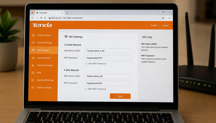 How to change your tenda wifi name and password - tycoonstory | tycoonstory media Tenda login: web interface showing wifi settings for 2. 4 ghz and 5 ghz networks on a tenda router.