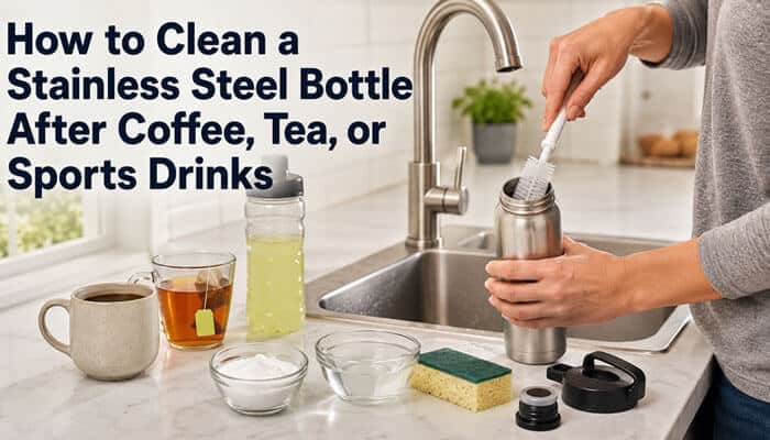 How to clean a stainless steel bottle after coffee tea or sports drinks - tycoonstory | tycoonstory media How to clean stainless steel water bottle: kitchen setup showing brush cleaning bottle, cups, sponge, and water.