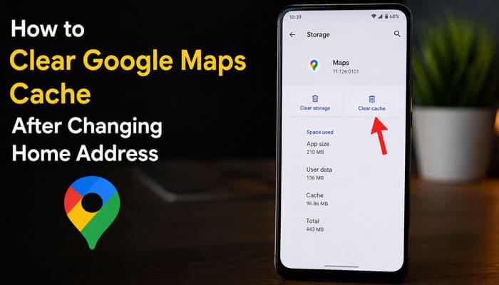 How to clear google maps cache after changing home address - tycoonstory | tycoonstory media How to change home address on google maps guide showing how to clear google maps cache after updating home address.