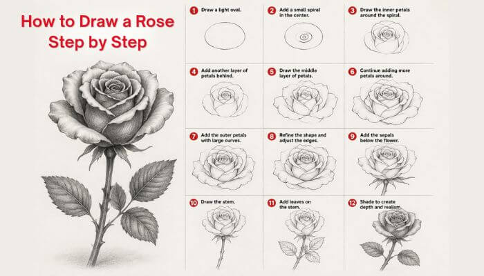 How to draw a rose step by step | tycoonstory media How to draw a rose step by step tutorial infographic showing 12 beginner-friendly stages, from a simple oval guideline and inner petals to a fully shaded realistic rose with stem and leaves using pencil drawing techniques.