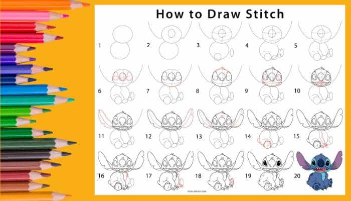 How to draw stitch step by step 1 | tycoonstory media How to draw stitch step by step illustration showing completed stitch drawings, coloring techniques, and a simple disney stitch art tutorial for beginners in 2026.