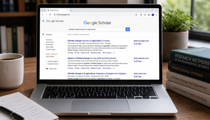 How to find free research papers on google scholar - tycoonstory | tycoonstory media How to use google scholar search results displayed on a laptop with research books, notes, and study materials on a desk.