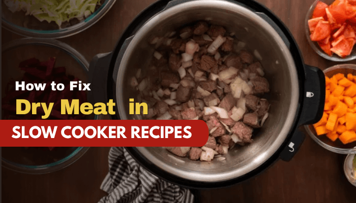 How to fix slow cooker recipes - tycoonstory | tycoonstory media Top-down view of a slow cooker filled with browned meat cubes and chopped onions surrounded by prep bowls of vegetables, illustrating how to fix slow cooker recipes by addressing dry meat issues and improving texture and moisture in home-cooked meals.