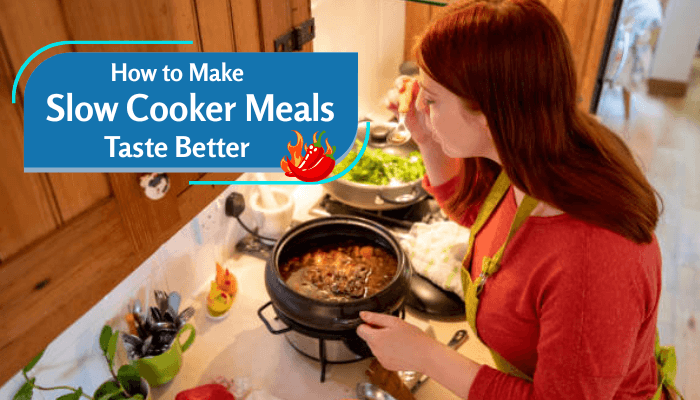 How to fix slow cooker recipes - tycoonstory | tycoonstory media Woman tasting food while cooking a slow cooker meal in a kitchen, with a pot of stew on the counter and fresh ingredients nearby, illustrating how to fix slow cooker recipes by improving taste, texture, and seasoning for better home-cooked results.
