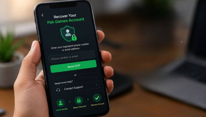 How to recover a pak games account 1 | tycoonstory media Pak games login password account recovery process showing otp verification, password reset, and secure account access on a smartphone