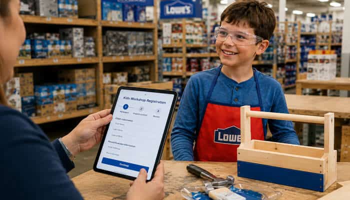 How to sign up for lowes kids workshop 2026 - tycoonstory | tycoonstory media Parent registering a child for lowes kids workshop 2026 on a tablet beside a completed wooden toolbox in a lowe’s store.