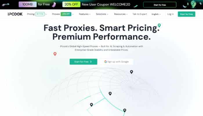 How to unblock youtube safely with 6 proven strategies 1 | tycoonstory media Hero banner for a proxy service featuring the headline 'fast proxies. Smart pricing. Premium performance. ' with a globe illustration and multiple location pins, and a green 'start for free' button.