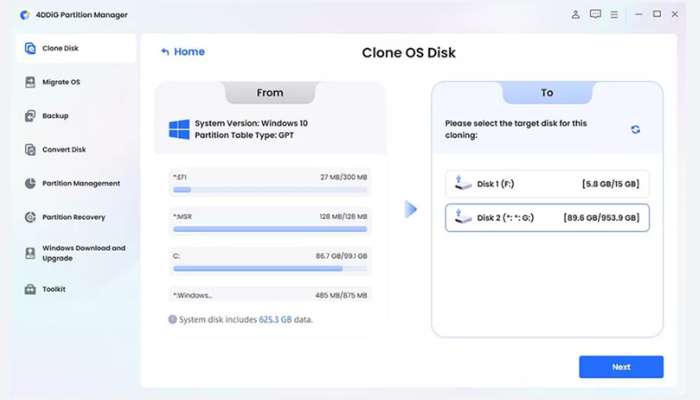 How to upgrade your hard drive to an ssd without reinstalling windows 2 | tycoonstory media Screenshot of clone os disk wizard: from and to panels, windows 10 system, two disks listed on the to side, and a next button at the bottom right.