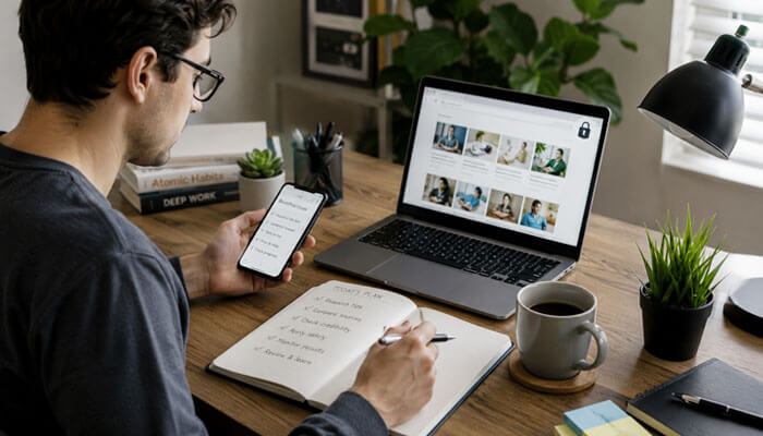 How to use betterthisfacts tips safely - tycoonstory | tycoonstory media Using betterthisfacts tips from betterthisworld safely at a modern desk, taking notes from phone and laptop.