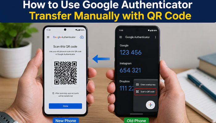 How to use google authenticator transfer manually with qr code - tycoonstory | tycoonstory media How to use google authenticator transfer manually with qr code showing scanning process from old phone to new phone