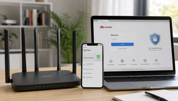 Huawei router login and remote management safety - tycoonstory | tycoonstory media Huawei router login setup showing a huawei router, laptop admin login page, and smartphone remote management screen with secure network protection.