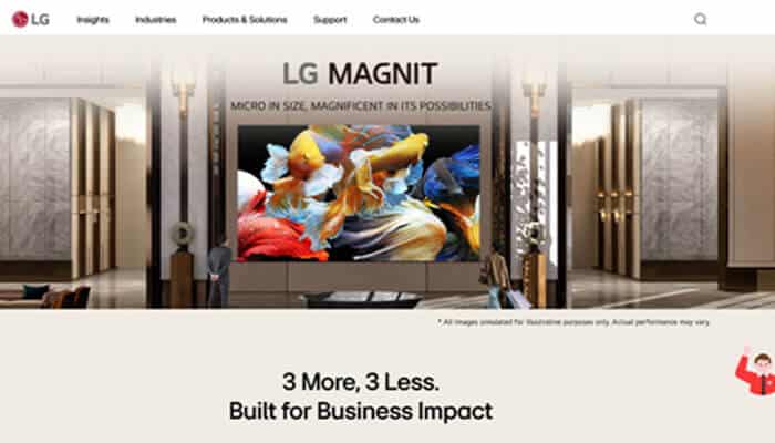 Lg electronics - tycoonstory | tycoonstory media Hero banner for lg magnit showroom: large display with vibrant koi artwork, 'lg magnit' title and slogan '3 more, 3 less. Built for business impact'
