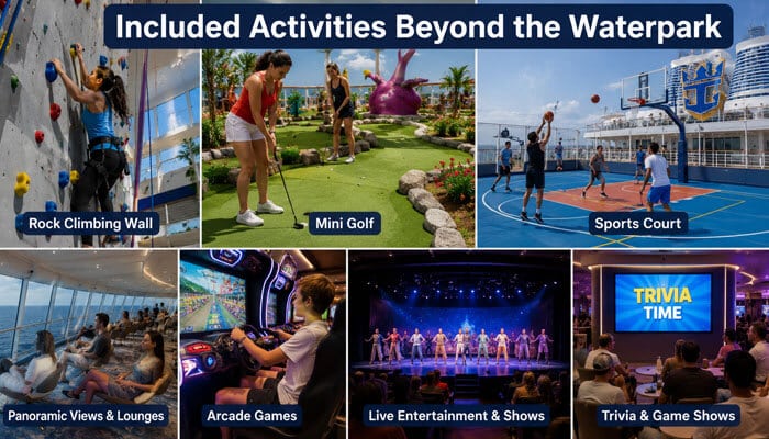 Included activities beyond the waterpark- tycoonstory | tycoonstory media Star of the seas cruise ship included activities beyond the waterpark, featuring rock climbing, mini golf, sports courts, panoramic lounges, arcade games, live entertainment, and interactive trivia experiences for guests of all ages.