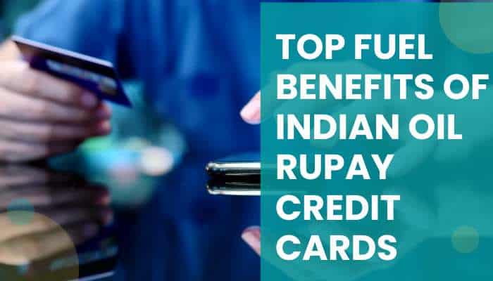 Indian oil rupay credit card benefits for fuel spending 2026 guide 1 | tycoonstory media Informational banner about benefits of indian oil rupay credit cards; person holding a card beside a teal text panel.