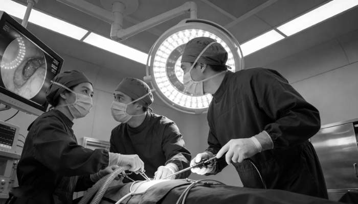 Nedo m1 | tycoonstory media Three surgeons in scrubs and masks perform surgery under a bright circular overhead light, with a monitor showing an internal view.