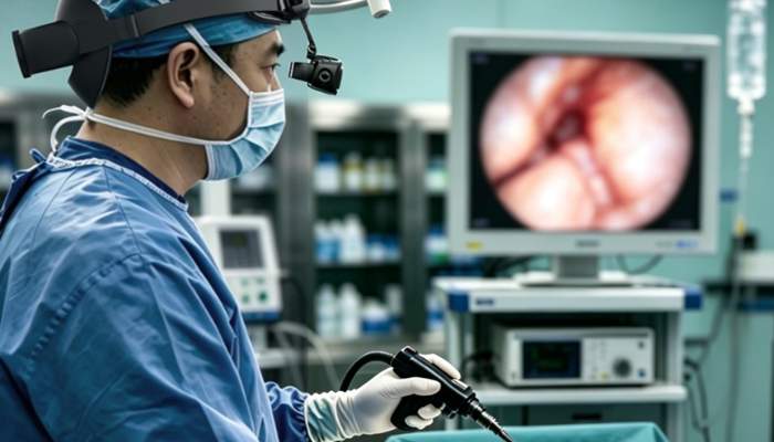 Nedo m1 2 | tycoonstory media Surgeon in scrubs and mask uses an endoscope during surgery; monitor shows live internal view.