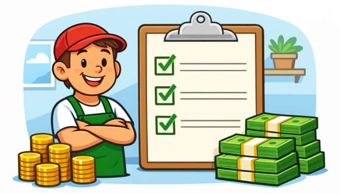 Practical strategies for maintaining healthy cash flow in small businesses 1 | tycoonstory media Cartoon worker standing beside a clipboard with checked items and stacks of money and coins.