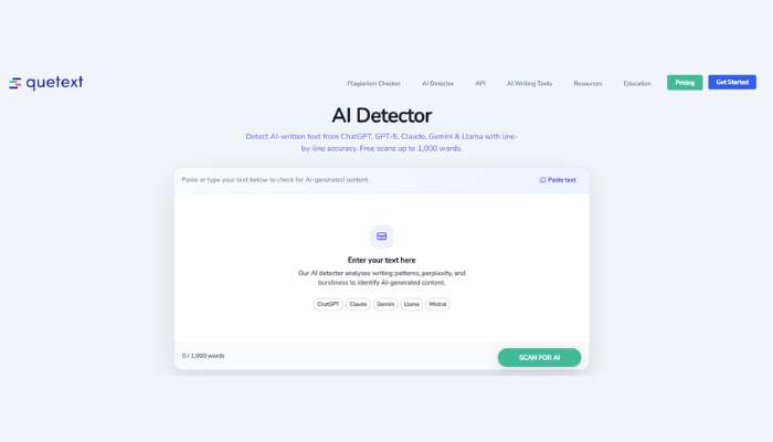 Quetext | tycoonstory media Screenshot of quetext ai detector page with a centered paste text box and a green 'scan for ai' button on a light blue background.