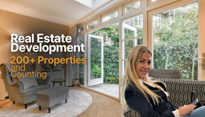 Real estate development 200+ properties and counting - tycoonstory | tycoonstory media Interior real estate development image with elaine culotti seated in a modern living space and headline text ‘real estate development 200+ properties and counting’, illustrating a key asset segment contributing to elaine culotti net worth and her expansive property portfolio