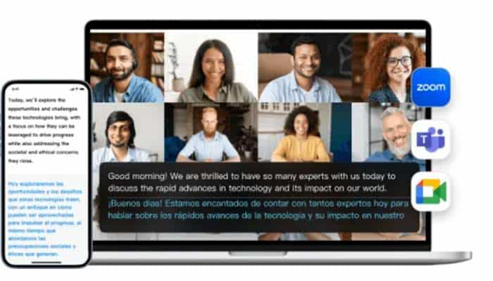 Real-time translators | tycoonstory media Laptop shows a multi-person video conference with diverse participants; a smartphone displays chat, and zoom, teams, and google meet icons are on screen edges.