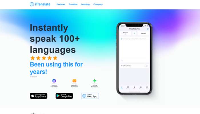 Real-time translators 2 | tycoonstory media Promotional banner for itranslate: gradient blue background, smartphone displaying the translation app, headline 'instantly speak 100+ languages' with star icons and 'been using this for years! ' text, plus app store/google play badges.