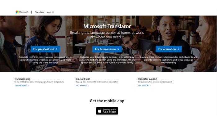 Real-time translators 3 | tycoonstory media Hero banner for microsoft translator with the slogan and three ctas (for personal use, for business use, for education) over a group photo.