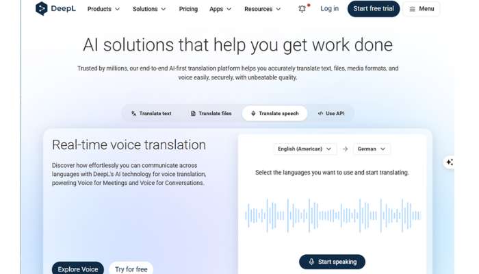 Real-time translators 4 | tycoonstory media Deepl homepage hero highlighting real-time voice translation with language selectors and a 'start speaking' button on a soft blue gradient background.