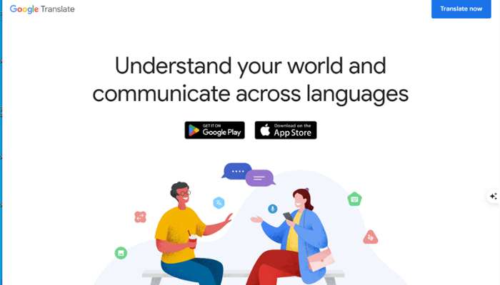 Real-time translators 5 | tycoonstory media Illustration promoting google translate: two people chatting with speech bubbles, surrounded by icons, with the headline 'understand your world and communicate across languages' and app store badges below.