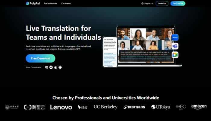 Real-time translators 6 | tycoonstory media Hero section promoting polypal: live translation for teams and individuals with a free download cta and devices showing a call interface.