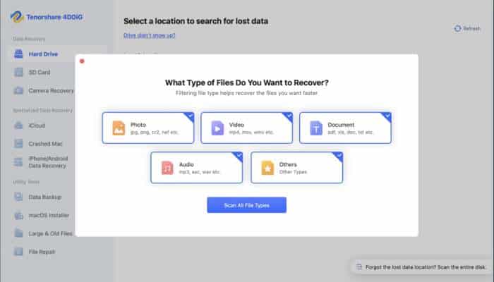 Recover deleted excel on mac 1 | tycoonstory media Screen: tenorshare 4ddig recovery modal to choose file types (photos, video, document, audio, others) and scan.