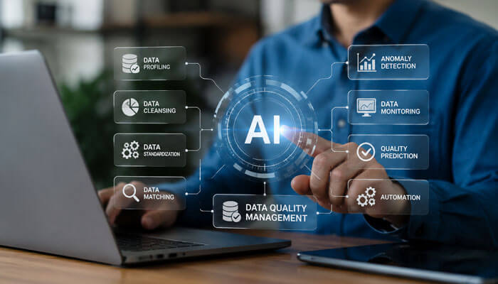 Role of ai in data quality management - tycoonstory | tycoonstory media Data quality management concept showing ai-powered data profiling, cleansing, monitoring, anomaly detection, and automation tools.