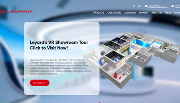 Leyard (planar) - tycoonstory | tycoonstory media 3d render of a leyard vr showroom with a translucent callout panel reading 'leyard's vr showroom tour click to visit now! ' and a red button on the panel, set against a blue, blurred background.