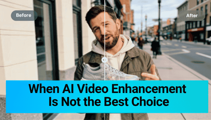 How to fix pixelated video - tycoonstory | tycoonstory media How to fix pixelated video before-and-after comparison showing that ai enhancement may introduce unnatural facial details and visual artifacts.