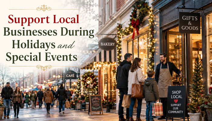 Support local businesses during holidays and special events - tycoonstory | tycoonstory media Best ways to support local businesses during holidays with a family shopping at local stores, bakery, cafe, and gift shop on a decorated street.