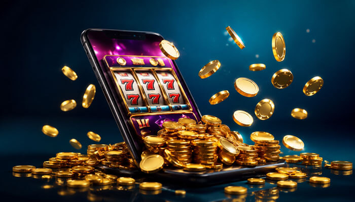 Take advantage of bonuses and promotions - tycoonstory | tycoonstory media Smartphone tilted on a pile of gold coins, screen showing a slot machine with red 7s, conveying online casino winnings in a flashy glow.