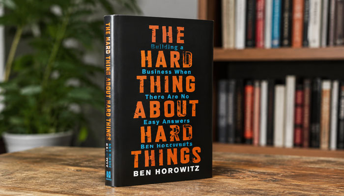 The hard thing about hard things by ben horowitz - tycoonstory | tycoonstory media Best books for entrepreneurs: the hard thing about hard things by ben horowitz on a desk with bookshelves in background.