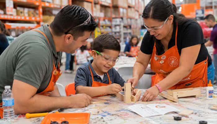 Tips for the best home depot kids workshop experience - tycoonstory 1 | tycoonstory media Home depot kids workshop activity where a child and parents collaborate on a hands-on woodworking project in a home depot store aisle with tools and materials.