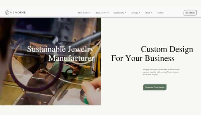 Top 5 custom jewelry manufacturers for large brands 1 | tycoonstory media Split-hero image: left side shows hands and tools crafting jewelry with the overlay text 'sustainable jewelry manufacture'; right side promotes 'custom design for your business'.