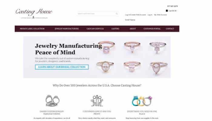 Top 5 custom jewelry manufacturers for large brands 3 | tycoonstory media Casting house homepage hero: title 'jewelry manufacturing peace of mind' with multiple ring images and a 'learn about our bridal collection' button