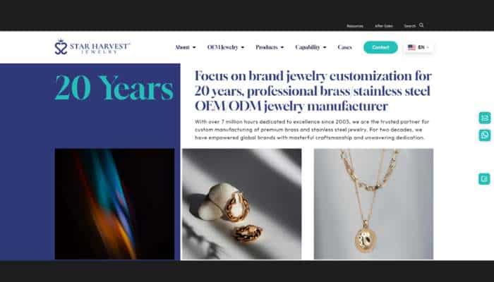 Top 5 custom jewelry manufacturers for large brands 4 | tycoonstory media Hero banner for star harvest jewelry: left blue '20 years' panel, right-side jewelry photos and a headline about brand customization.