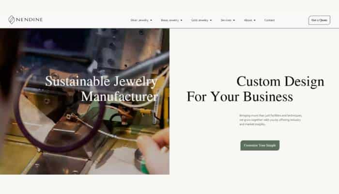 Top brass jewelry suppliers for fashion brands 1 | tycoonstory media Split homepage banner: left side shows a close-up of jewelry-making with a magnifying glass and the caption'Sustainable Jewelry Manufacturer'; right side displays the heading 'Custom Design For Your Business' with a green call-to-action button.