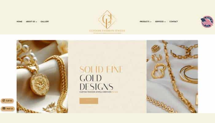 Top brass jewelry suppliers for fashion brands 3 | tycoonstory media Hero collage of gold jewelry—chains, rings, and a pendant—with a central panel that reads'Solid Gold Designs' on a warm beige background.