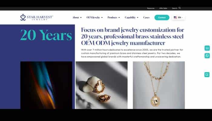 Top brass jewelry suppliers for fashion brands | tycoonstory media Star harvest jewelry homepage hero with a blue'20 Years' panel, logo, headline about jewelry customization, and three product photos