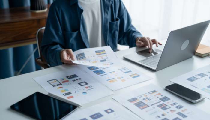 User-centered website features that elevate engagement and satisfaction 1 | tycoonstory media Person in a blue shirt reviews printed ui design layouts spread across a white desk with a laptop nearby.