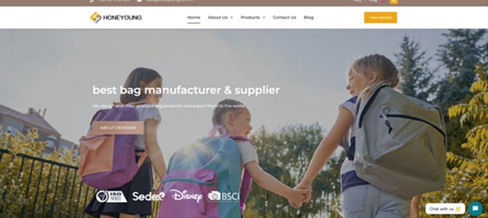 Honeyoung bag | tycoonstory media Honeyoung bag homepage banner showing children wearing backpacks and brand positioning as a leading oem bag manufacturers company specializing in school bags and kids’ backpacks.