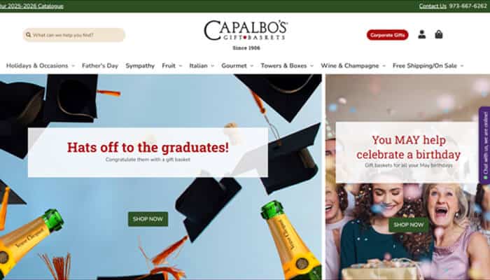 Capalbo's gift baskets best overallhand-made | tycoonstory media Birthday gift baskets featured on capalbo’s gift baskets website showing curated gourmet gift collections and promotional banners for birthday celebrations and special occasions.