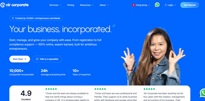 Air corporate | tycoonstory media Incorporation services offered by air corporate showing a modern online company formation platform for setting up a hong kong business with fast digital registration and compliance support.