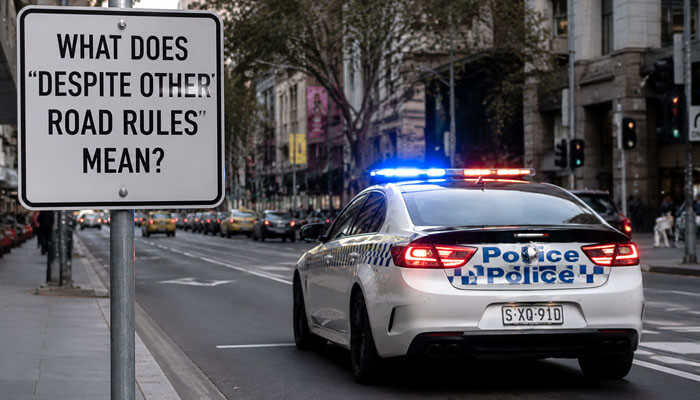 What does despite other road rules mean - tycoonstory | tycoonstory media Is it legal to drive through the red light to make way for the police vehicle? A city intersection with a visible traffic sign, police car, and controlled traffic flow illustrating emergency vehicle right-of-way situations.