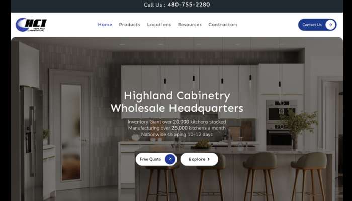 Wholesale cabinetry distribution | tycoonstory media Hero image of a modern kitchen showroom with the title 'highland cabinetry wholesale headquarters' and two call-to-action buttons: 'free quote' and 'explore'.